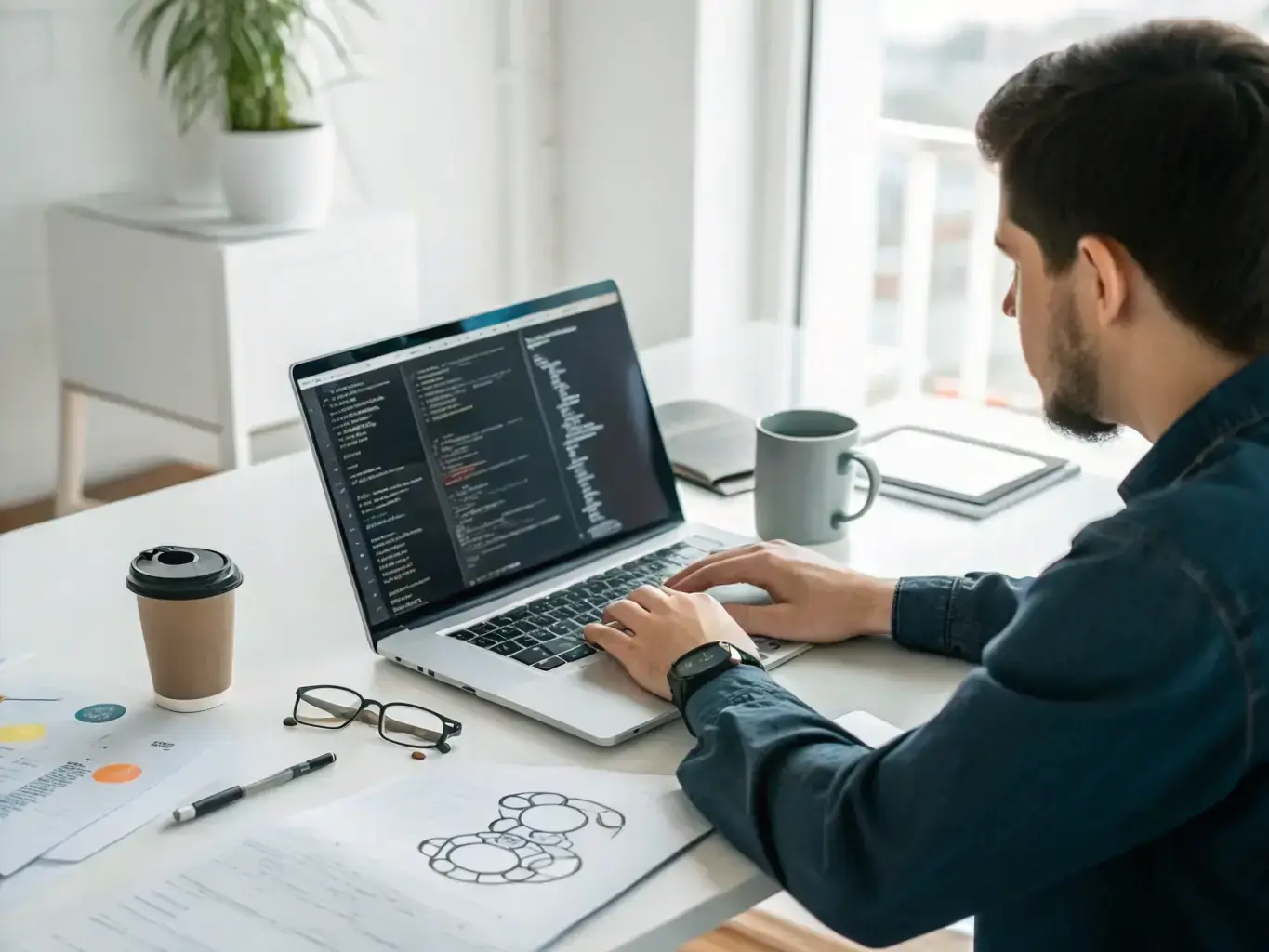 A developer working at a computer, surrounded by code snippets and API documentation, illustrating the importance of developer experience (DX) in boosting team adoption of preference management systems.