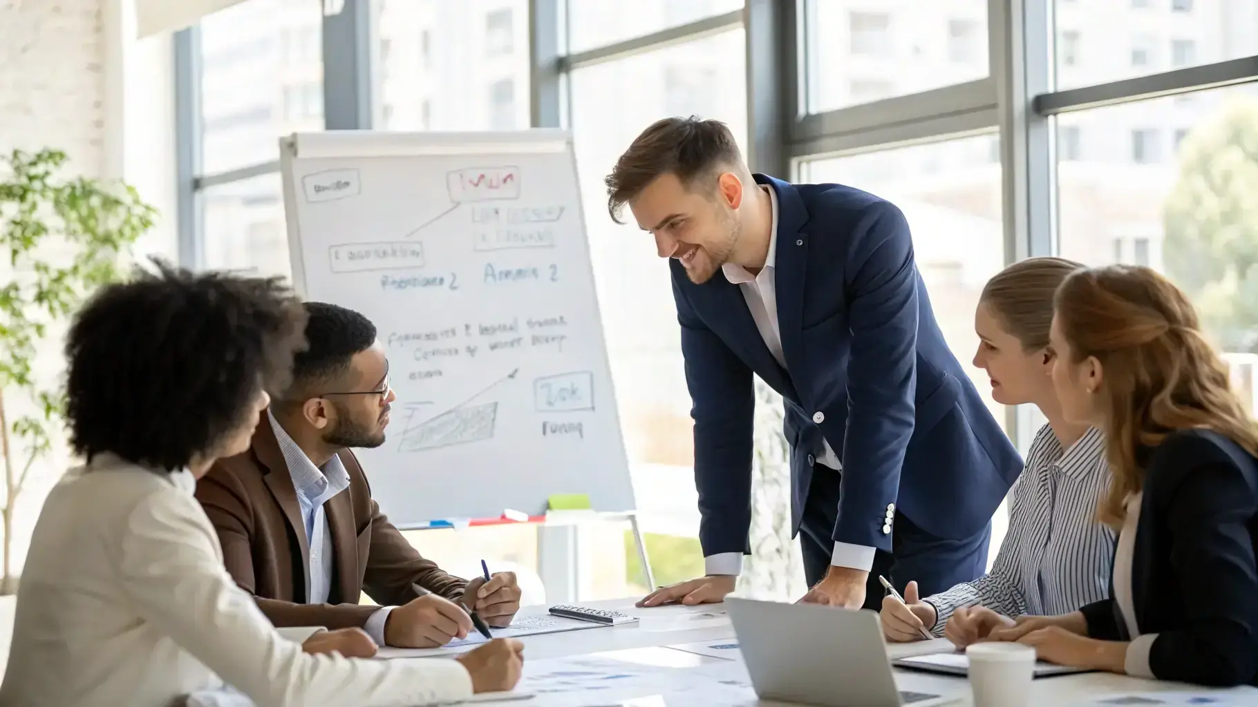 A person in a business suit standing in front of a whiteboard with diagrams and charts, explaining a product strategy to a team.